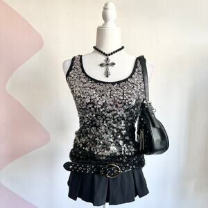 Vintage Black Sequin Tank Top, Y2K 2000s Glam Grunge Indie Sleaze Medium